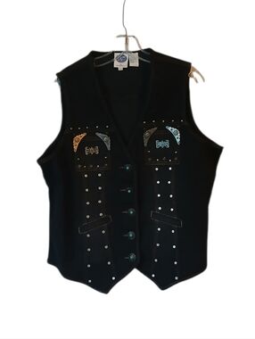 Diane Gilman Black Studded Denim Vest with Turquoise Accents Size Large